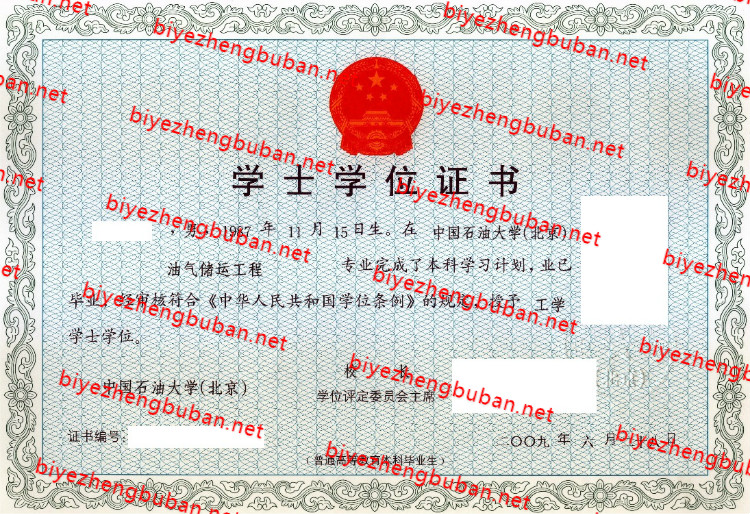 2009中国石油大学华东学士学位证证书样本